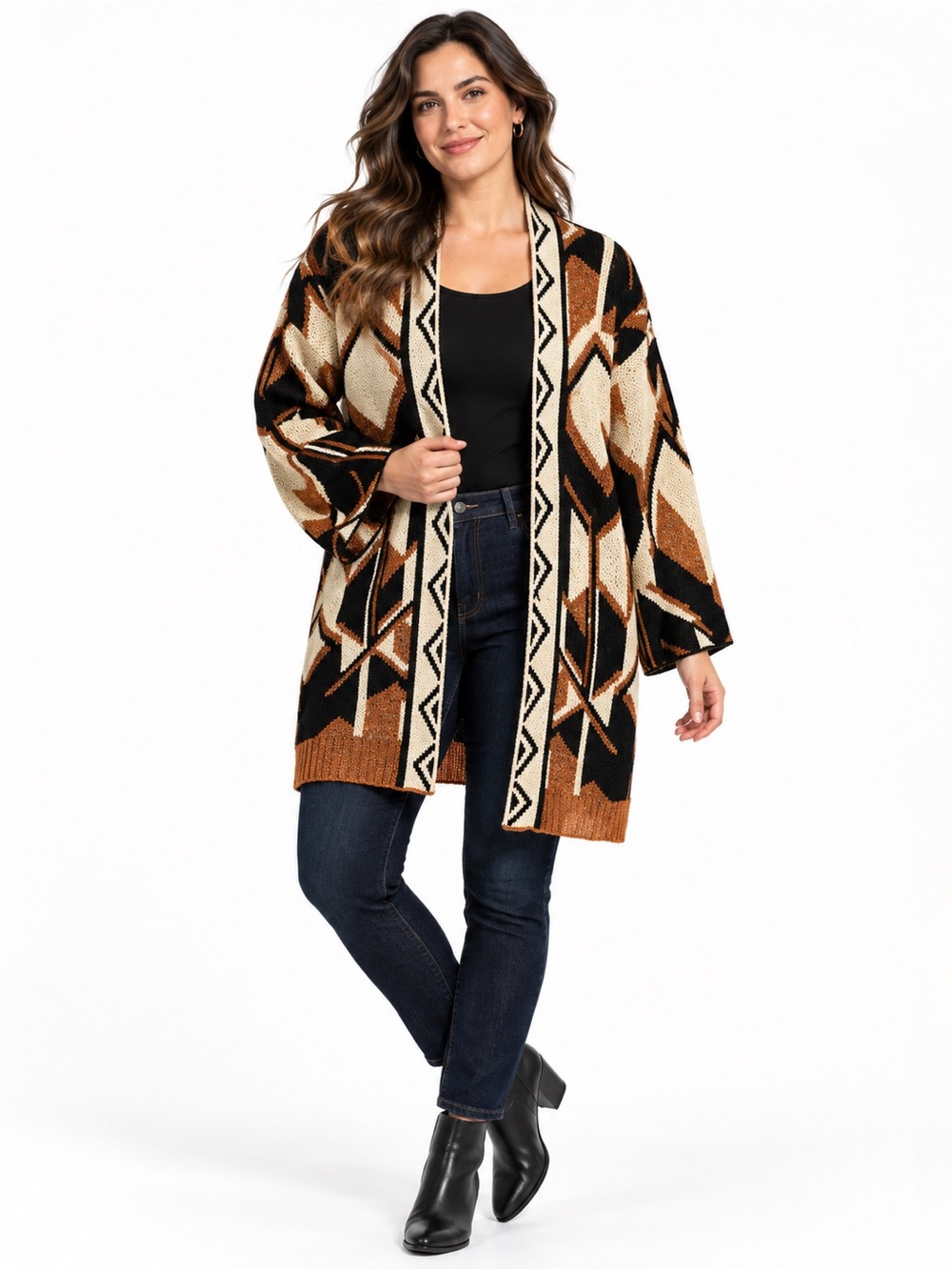 Marled Geometric Open Front Cardigan Rust Cream Black Women’s L